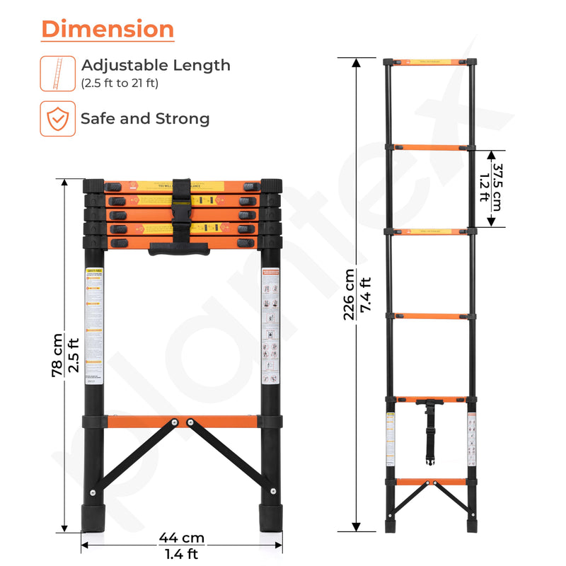 Plantex 2.3m (7.55 ft.) Telescopic Ladder/Carbon Steel 6-Steps Portable & Compact Ladder/Foldable Multipurpose Collapsible Ladder for Home & Outdoor Use - (Orange)-2