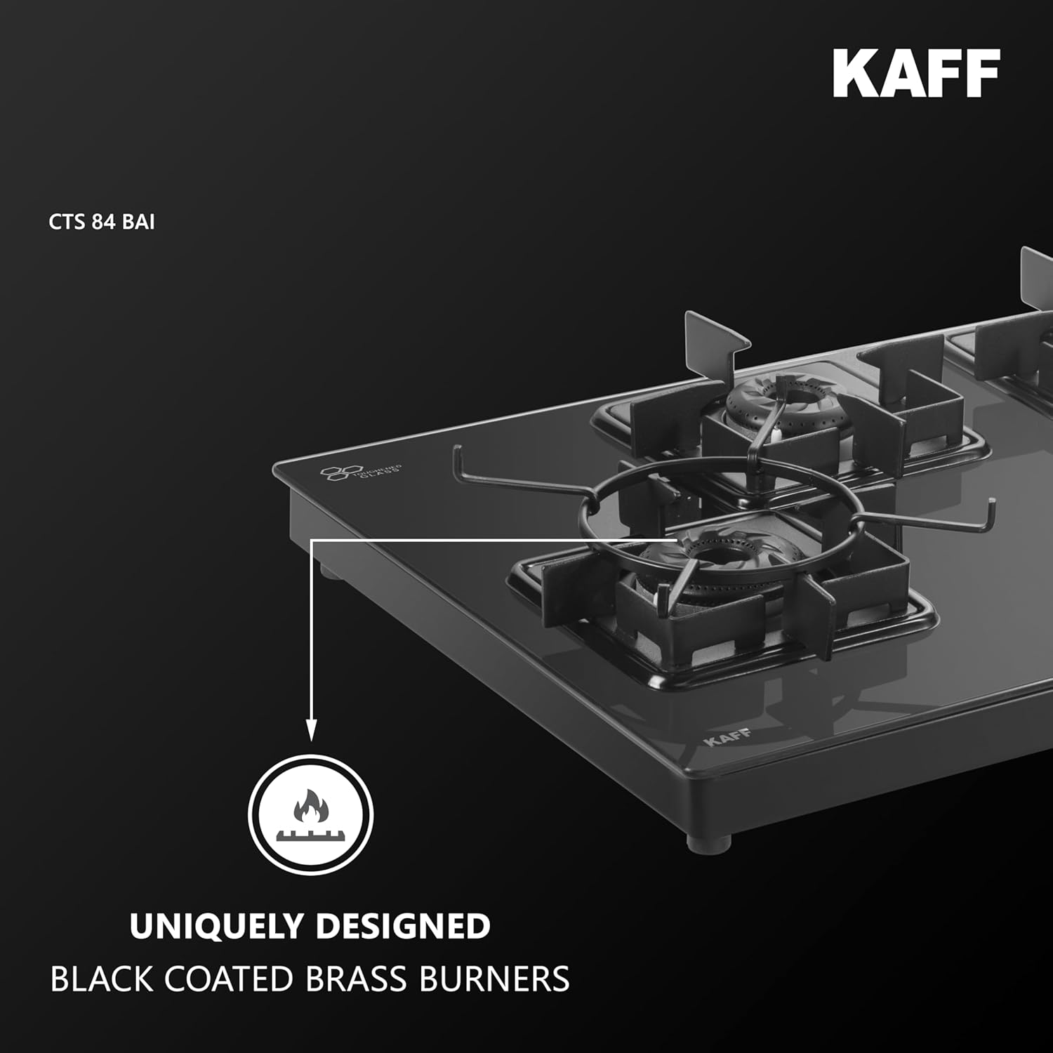 KAFF CTS 84 4B AI Gas Stove/Cooktop 4 Burners with Auto Electric Ignition 84 CM, Black Coated Brass Burners, Slim Line Design, Enamelled Pan Support with Integrated Flame Protector (Black)