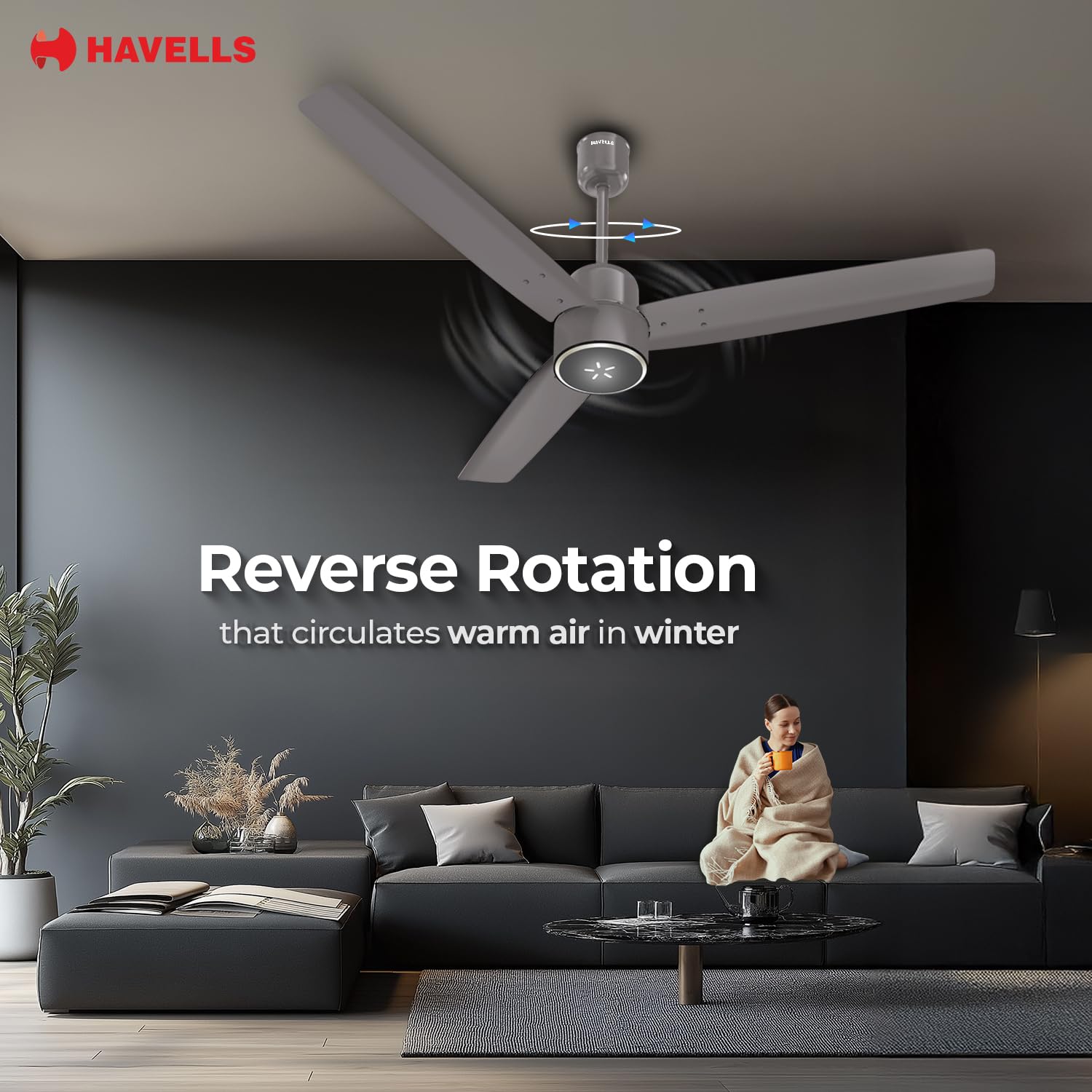 Havells FAB BLDC ULED Ceiling Fan 1200mm, 5 star, LED Speed Indicator, 380 RPM, Up to 65% Savings,Reverse Rotation,4 Speed Modes,Low Wattage 30W, Low Noise,Air Flow:225 CMM, 3 Year Warranty,Stone Grey