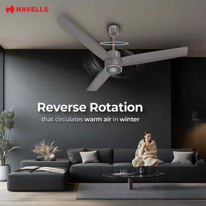 Havells FAB BLDC ULED Ceiling Fan 1200mm, 5 star, LED Speed Indicator, 380 RPM, Up to 65% Savings,Reverse Rotation,4 Speed Modes,Low Wattage 30W, Low Noise,Air Flow:225 CMM, 3 Year Warranty,Stone Grey