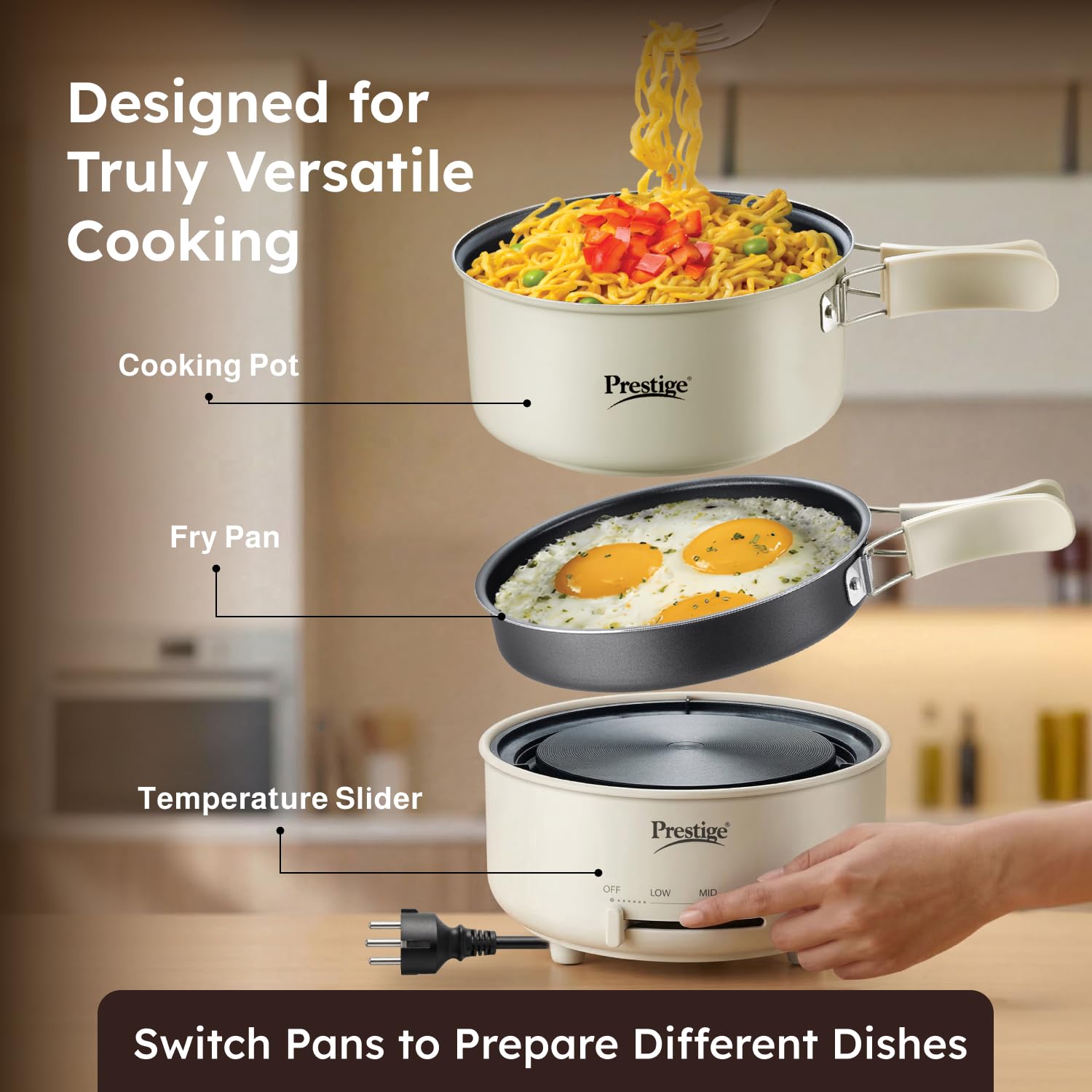 Prestige Electric Omnipot | 1000W Electric Cooking Pan & Fry Pan with Lid | Steam Vent | Temperature Control Slider | Cool-Touch Foldable Handles | Detachable Power Cord | Compact Design | 1Y Warranty