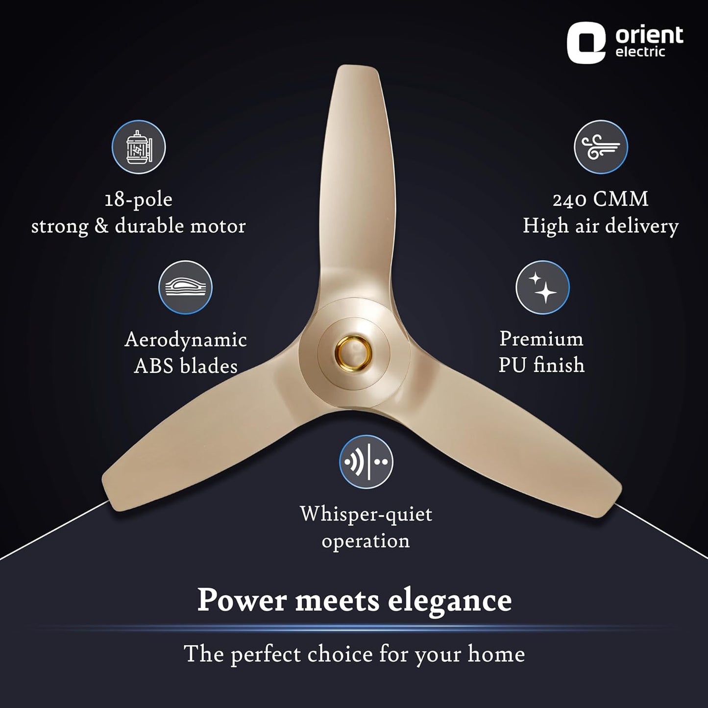 Orient Electric 1230 mm Aeroquiet ceiling fan |Best-in-class 18-pole motor | Rust-proof ABS blades |100% Copper motor |Silent fan for home ceiling| 2-year warranty | Mystic Gold, pack of 1