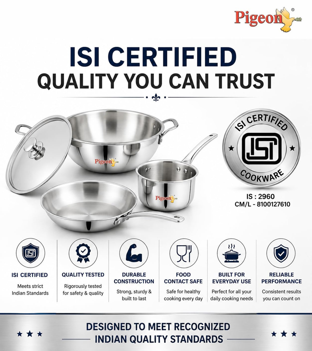 Pigeon Trinity Triply Stainless Steel 4 Pc Cookware Set - Triply Kadai 2100ml with Common Lid | Fry Pan 1200ml | Saucepa