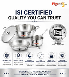Pigeon Trinity Triply Stainless Steel 4 Pc Cookware Set - Triply Kadai 2100ml with Common Lid | Fry Pan 1200ml | Saucepa