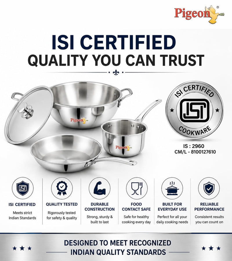 Pigeon Trinity Triply Stainless Steel 4 Pc Cookware Set - Triply Kadai 2100ml with Common Lid | Fry Pan 1200ml | Saucepa