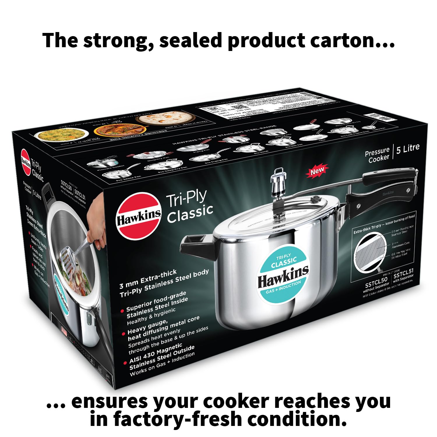 Hawkins Classic 5 Litre Tri-Ply Pressure Cooker with Separator, Triply Stainless Steel Inner Lid Cooker, Silver (SSTCL51)