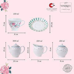 Magique by The Wishing Chair x ClayCraft : Portrait of a Rose Ceramic Teaset 15-Piece | Teapot, Cups & Saucers, Sugar & Milk Pot | Elegant Floral Tea Set for Home High Tea Gifting Weddings Parties