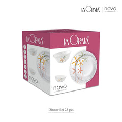 La Opala Novo Collection Opal Glass Crockery | for Family of 6 | Dinner Set 23 pcs Dainty Swirls | Plates & Bowls for Dining | Microwave Safe | 100% Vegetarian | Extra Strong | Light & White
