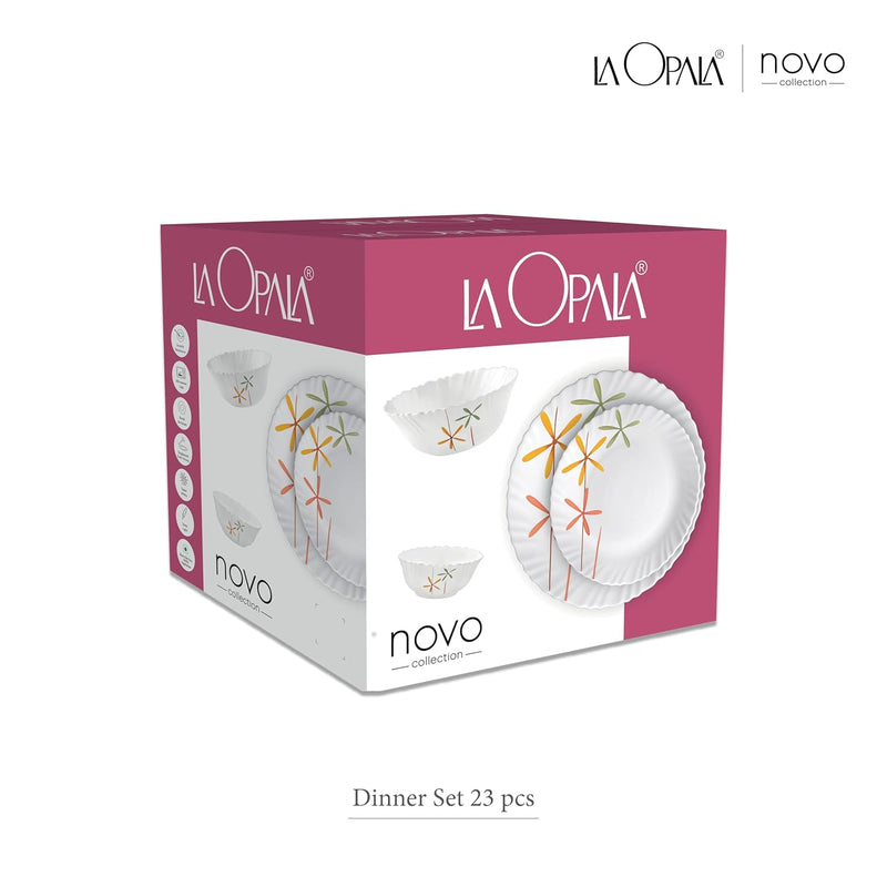 La Opala, Novo Collection, Opal Glass Floral Dinner Set 23 Pcs, Scarlet Blooms, White