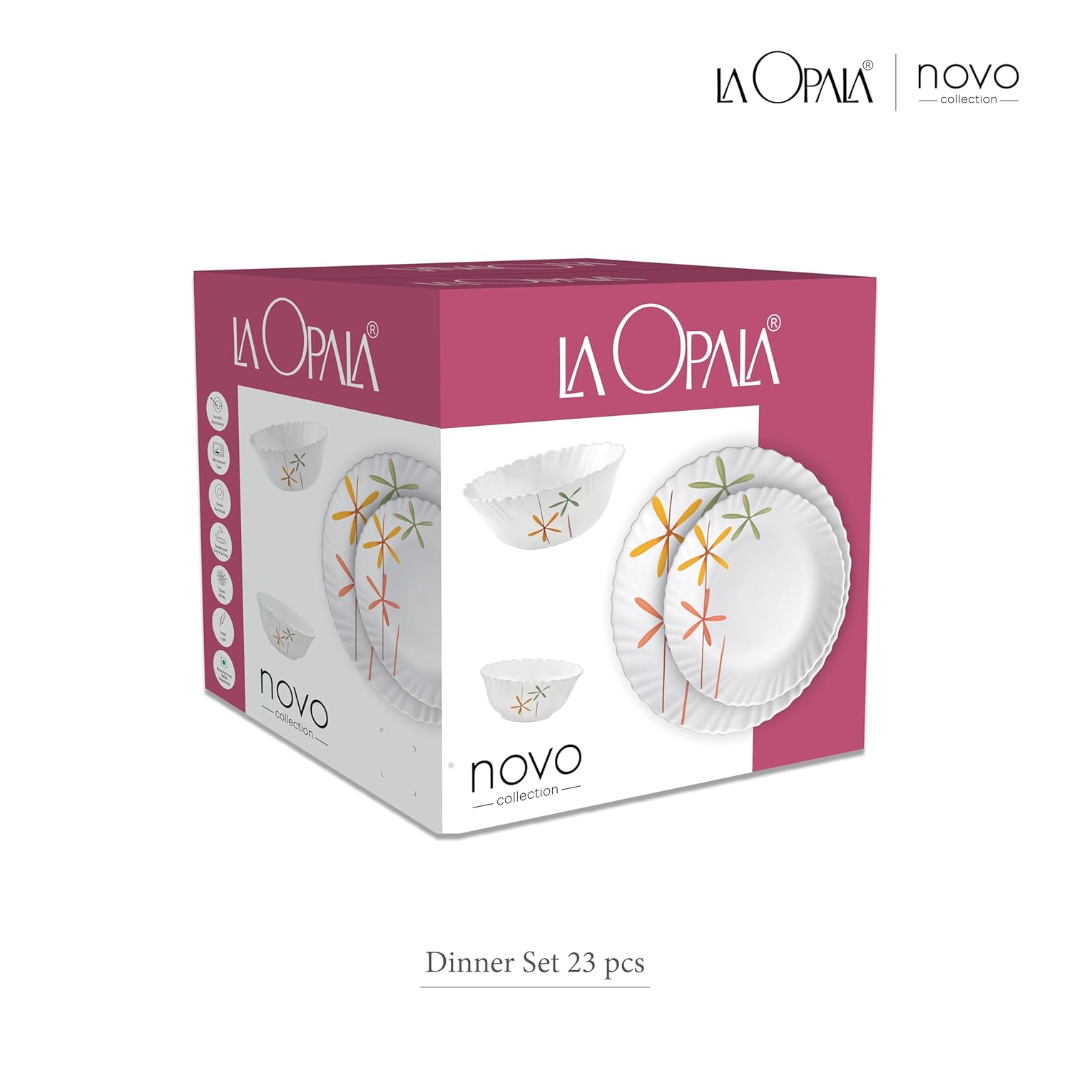 La Opala Novo Collection Opal Glass Crockery | for Family of 6 | Dinner Set 23 pcs Petite Roses | Plates & Bowls for Dining | Microwave Safe | 100% Vegetarian | Extra Strong | Light & White