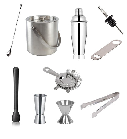 Dynore Stainless Steel 10 Pcs Bartender Martini Kit Bar Set- Teardrop, Ice Bucket, Cocktail Shaker, Bottle Opener, Wine Pourer, Ice Tong,2 Peg Measure, PVC Muddler, Cocktail Strainer