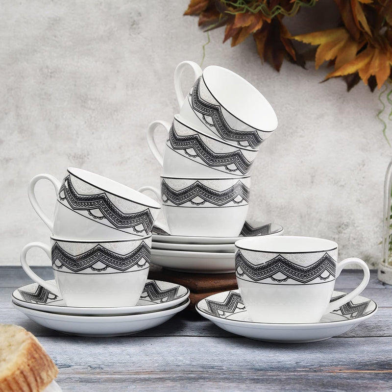 Clay Craft New Georgian Series Fine Ceramic Cup&Saucer Set of 12 (6 Cups+6 Saucers) Red&White Floral Design-Gift to Your Loved Ones On Any Occassions.,Medium (Cc-Cs12-Newgeorgian-S398) 180 Milliliter