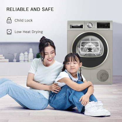 Bosch 8 kg Fully Automatic Front Load Condenser Tumble Dryer (WPG23108IN, 5 Drying Options, 14 Programs, Allergy Plus, 100% Drying with 0% Effort, Inbuilt Heater, Silver)