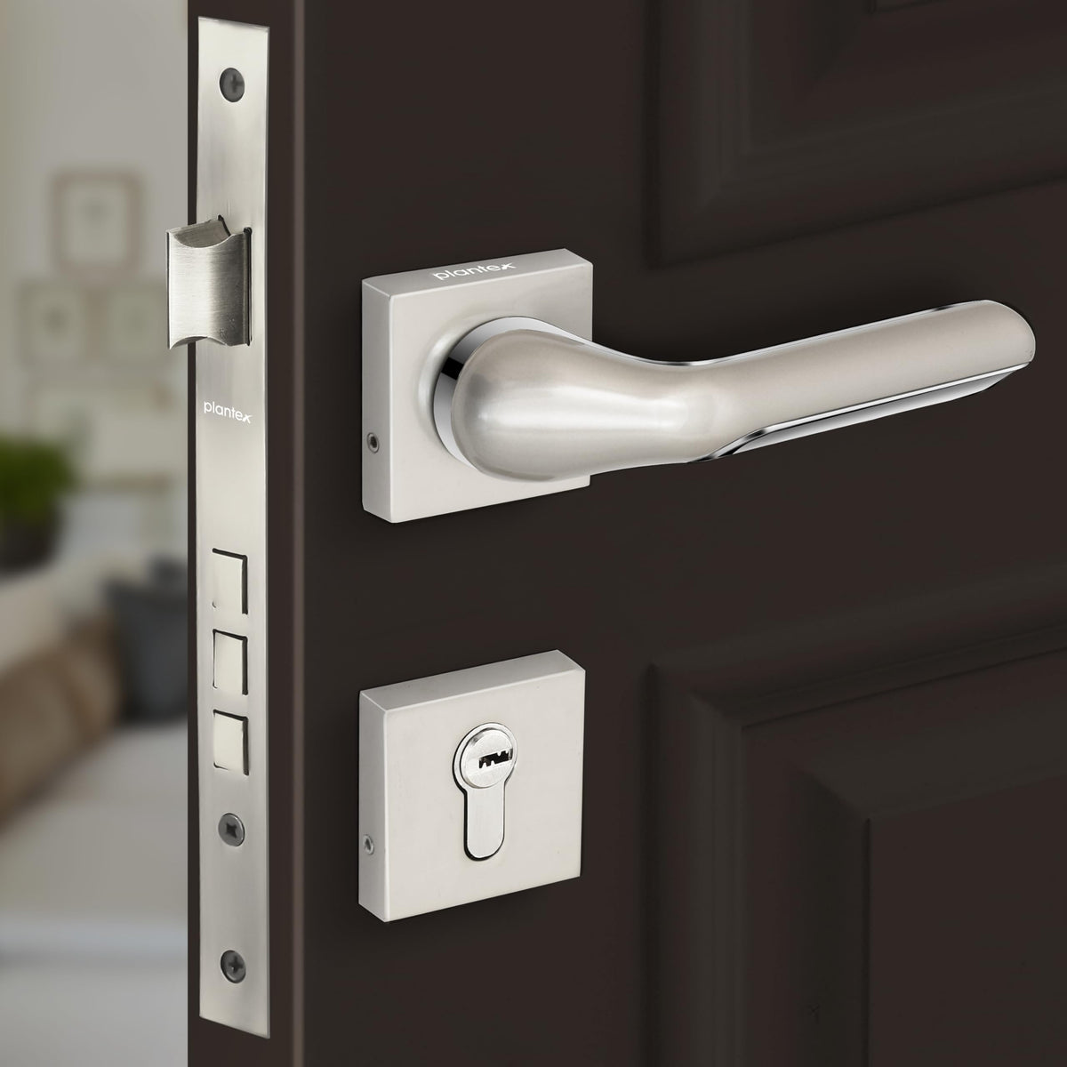 Plantex Triple Security Door Lock for Home/Main Door Lock Set with 3 Years of Warranty/Mortise Lock for Door with Brass Lock Body & Cylinder (7121, Satin White & Chrome)-1