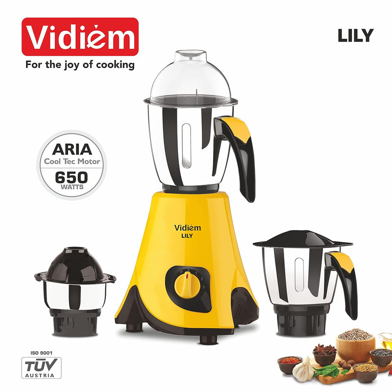 Vidiem Lilly 650W Mixer Grinder (Yellow) | 3 Leakproof Jars with Self-Lock | Wet & Dry Grinding for Spices, Chutneys & C