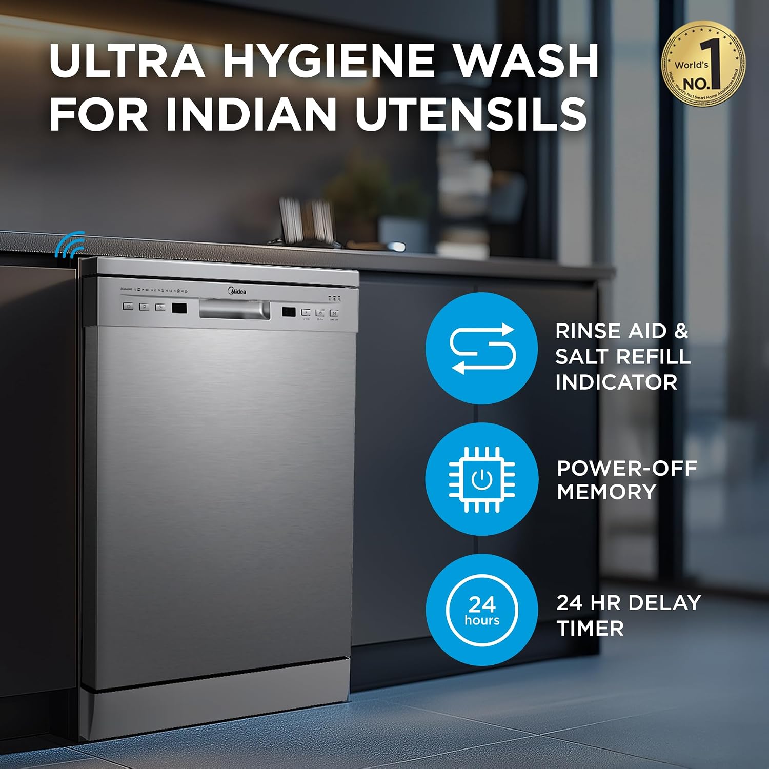 Midea 13 Place Settings Free Standing Silver Dishwasher | 7 Wash Programs | LED Display | Power Wash | Wi-Fi Enabled with Midea SmartHome App | Self Cleaning Function | MDWPF1301F(SS)-WG