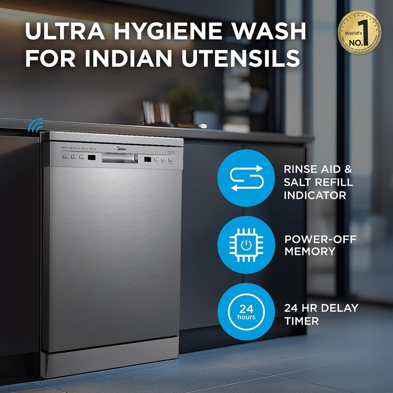 Midea 13 Place Settings Free Standing Silver Dishwasher | 7 Wash Programs | LED Display | Power Wash | Wi-Fi Enabled with Midea SmartHome App | Self Cleaning Function | MDWPF1301F(SS)-WG