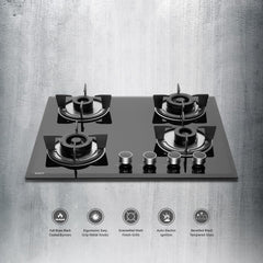 KAFF FBB 604 Built-in Hob/Hobtop 4 Burners, Auto Electric Ignition Glass Top, 60 CM, Full Brass Burner, 8 MM Thick Toughened Glass Bevelled Black Tempered Glass (Black)