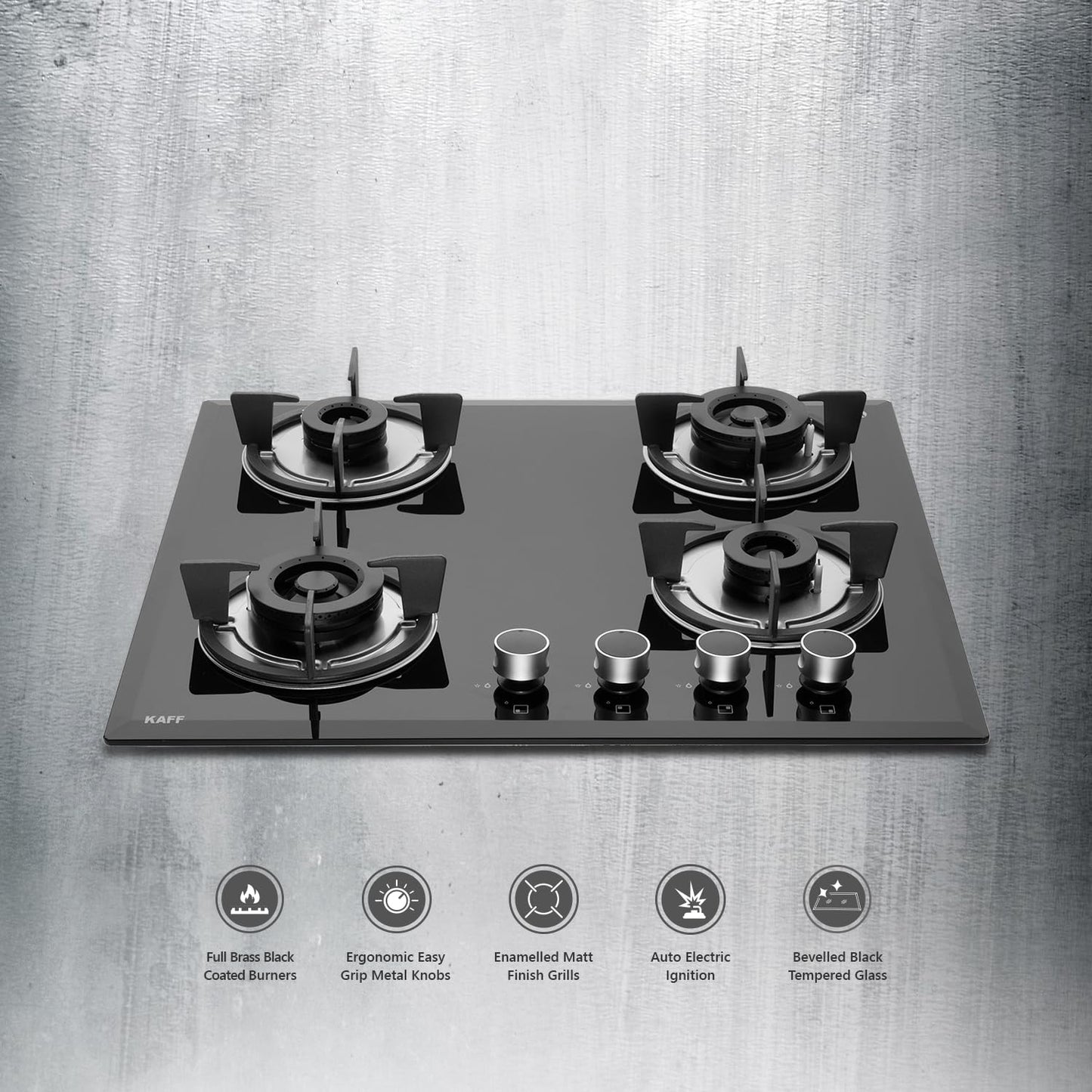 KAFF 4 Burners Built-in Hob & Hobtop For Modular Kitchen -8 MM |Auto Electric Ignition Glass Top| Powerful Brass Burners| Enamelled Matt Finish, Easy Metal Grip Knobs, (Black,60CM)