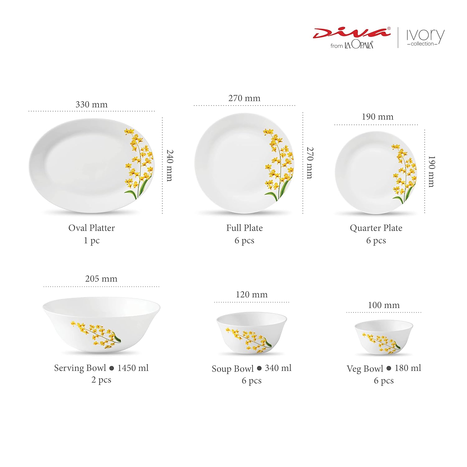 La Opala Diva Ivory Collection Opal Glass Crockery | for Family of 6 | Dinner Set 27 pcs Yellow Grace | Plates & Bowls for Dining | Microwave Safe | 100% Vegetarian | Extra Strong | Light & White