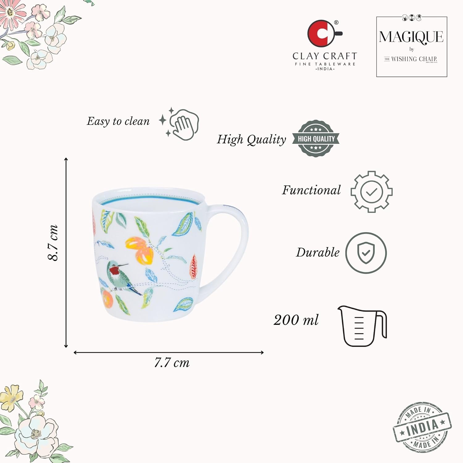 Magique by The Wishing Chair x ClayCraft : Mango Paradise Summer Fine China Ceramic Mug Set of 6 | 200 ml | Tea Cup Set of 6 | Mugs for Coffee | Ideal for Gifting | Perfect for Home & Office