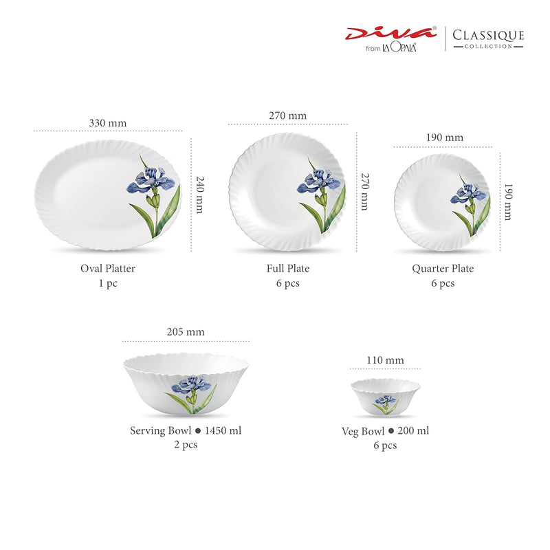 La Opala Diva Classique Collection Opal Glass Crockery | for Family of 6 | Dinner Set 21 pcs Royal Iris | Plates & Bowls for Dining | Microwave Safe | 100% Vegetarian | Extra Strong | White