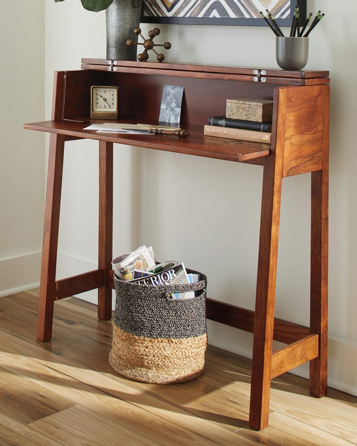Solid Sheesham Wood Vintage Fold Down Drawer Storage Console Table for Home | Living Room | Office | Entry-Way 