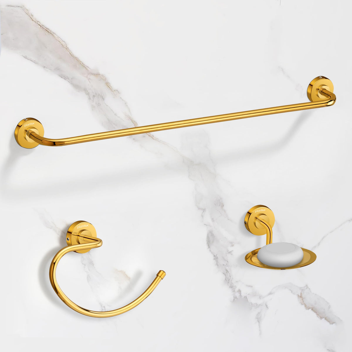 Plantex 304 Grade Stainless Steel Bathroom Accessories Set of 3 - Towel Hanger/Napking Holder/Dual Soap Holder for Bathroom - Daizy (Golden)-1
