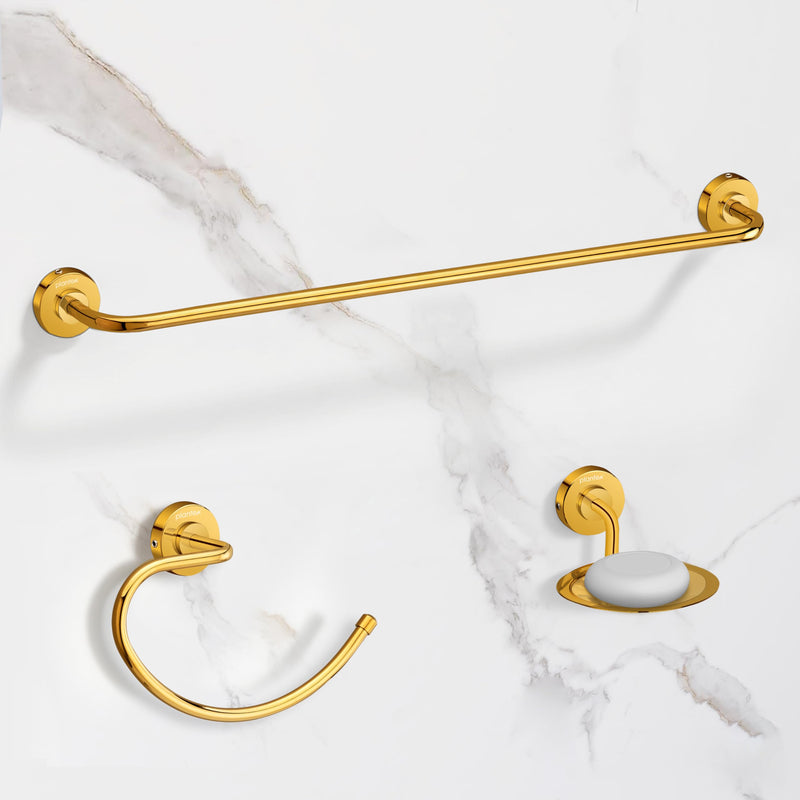 Plantex 304 Grade Stainless Steel Bathroom Accessories Set of 3 - Towel Hanger/Napking Holder/Dual Soap Holder for Bathroom - Daizy (Golden)-1