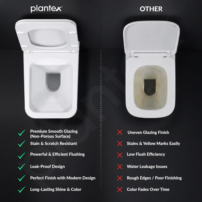 Plantex Wall Mounted Commode/Imported Italica Ceramic Rimless Square Washdown Western Toilet/P Trap Commode with Soft Close Seat Cover (Glossy White)-5