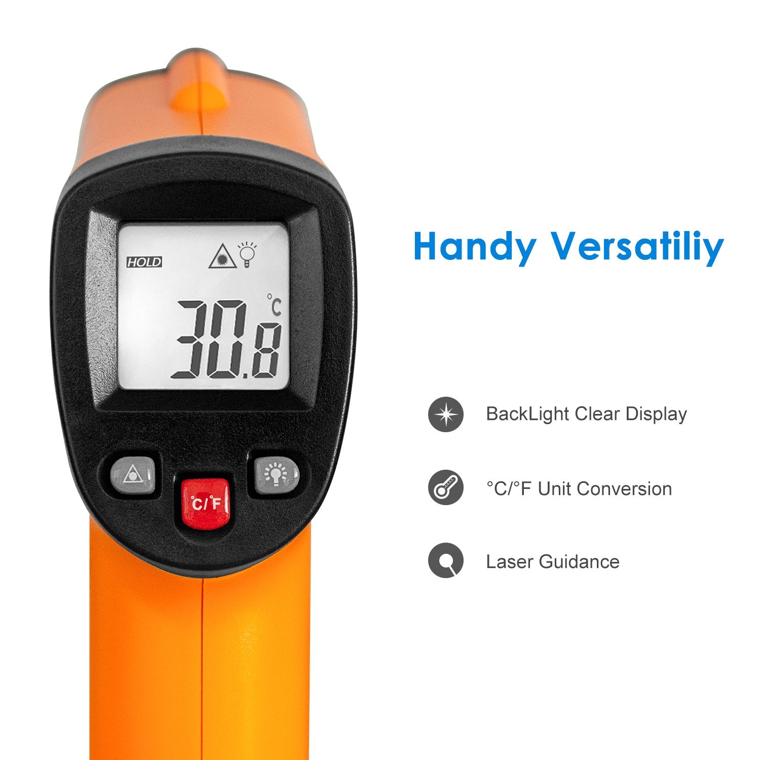 Helect Plastic Non-Contact Digital Laser Infrared Thermometer Temperature Gun With Lcd Display -58°F To 1022°F (-50°C To 550°C), Orange, Pack of 1