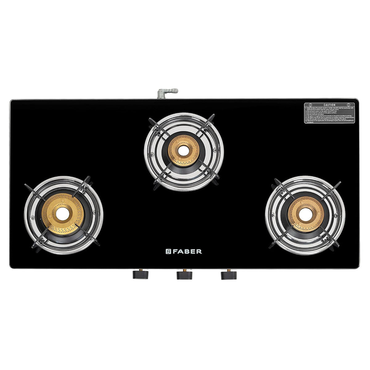 Faber 3 Burner 77cm Cooktop | Black Glass Top | 3 Brass Burners (1 Jumbo + 1 Medium + 1 Small) | SS Drip Tray | Powder C