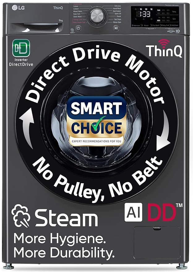 LG 9 Kg, 5 Star, AI Direct Drive Technology, Steam, 6 Motion DD & Wi-Fi Fully-Automatic Front Load Washing Machine (FHP1209Z5M, Intelligent & Convenient Fabric Care, Allergy Care, Middle Black)
