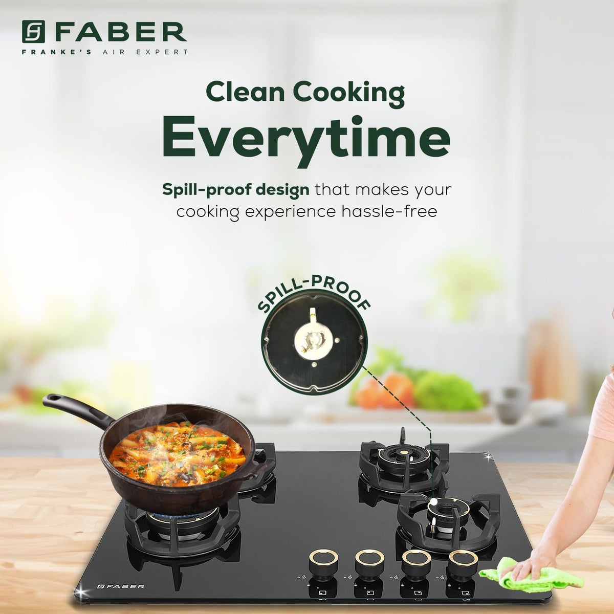 Faber 70Cm 4 Burner Hybrid Hob/Cooktop|Auto Ignition|Brass Burner|Cast Iron Pan Support|Glass Matt Finish|Metal Knob|1 Y