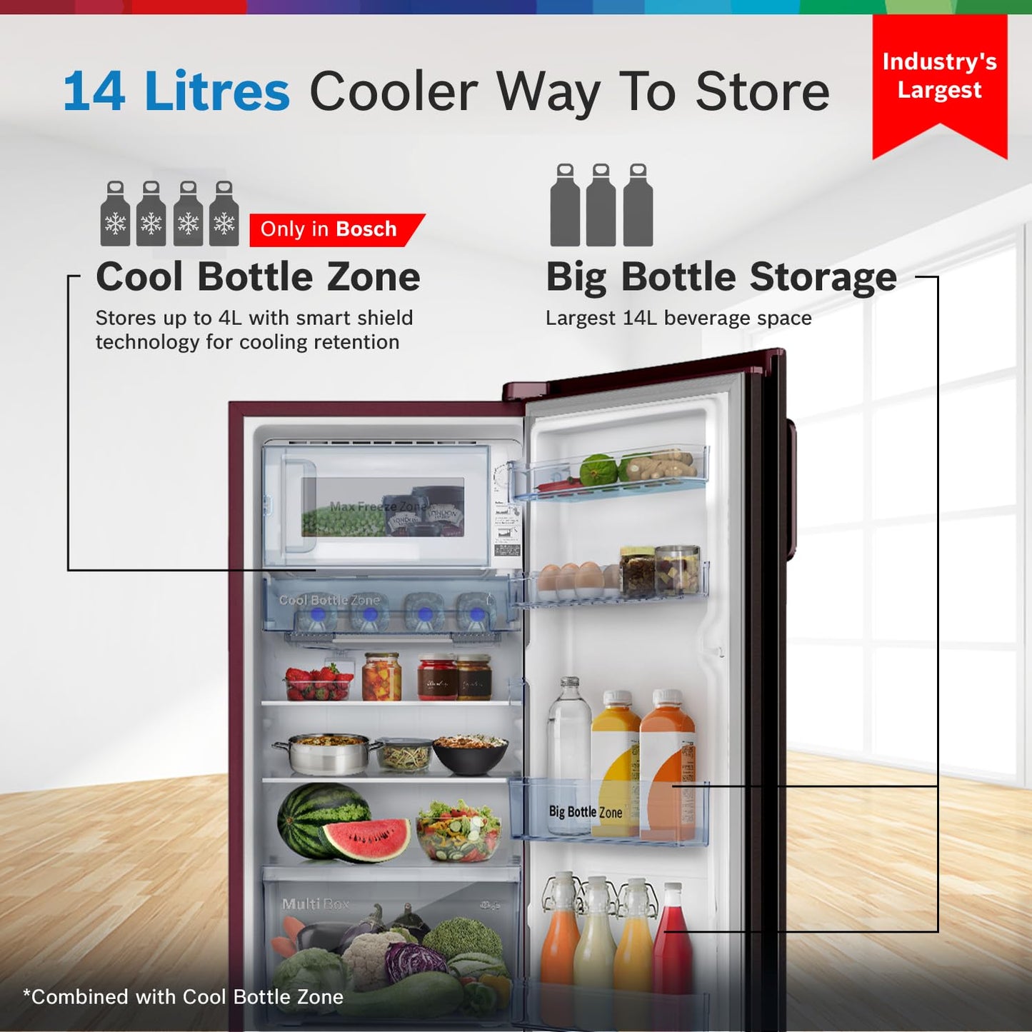 BOSCH 187 L, 3 Star, Single Door Refrigerator with Industry's largest vegetable box* & largest Beverage space (CST18W33NI, Feather Wine) | 18 Hour Cooling Retention, 2.5x Faster Cooling