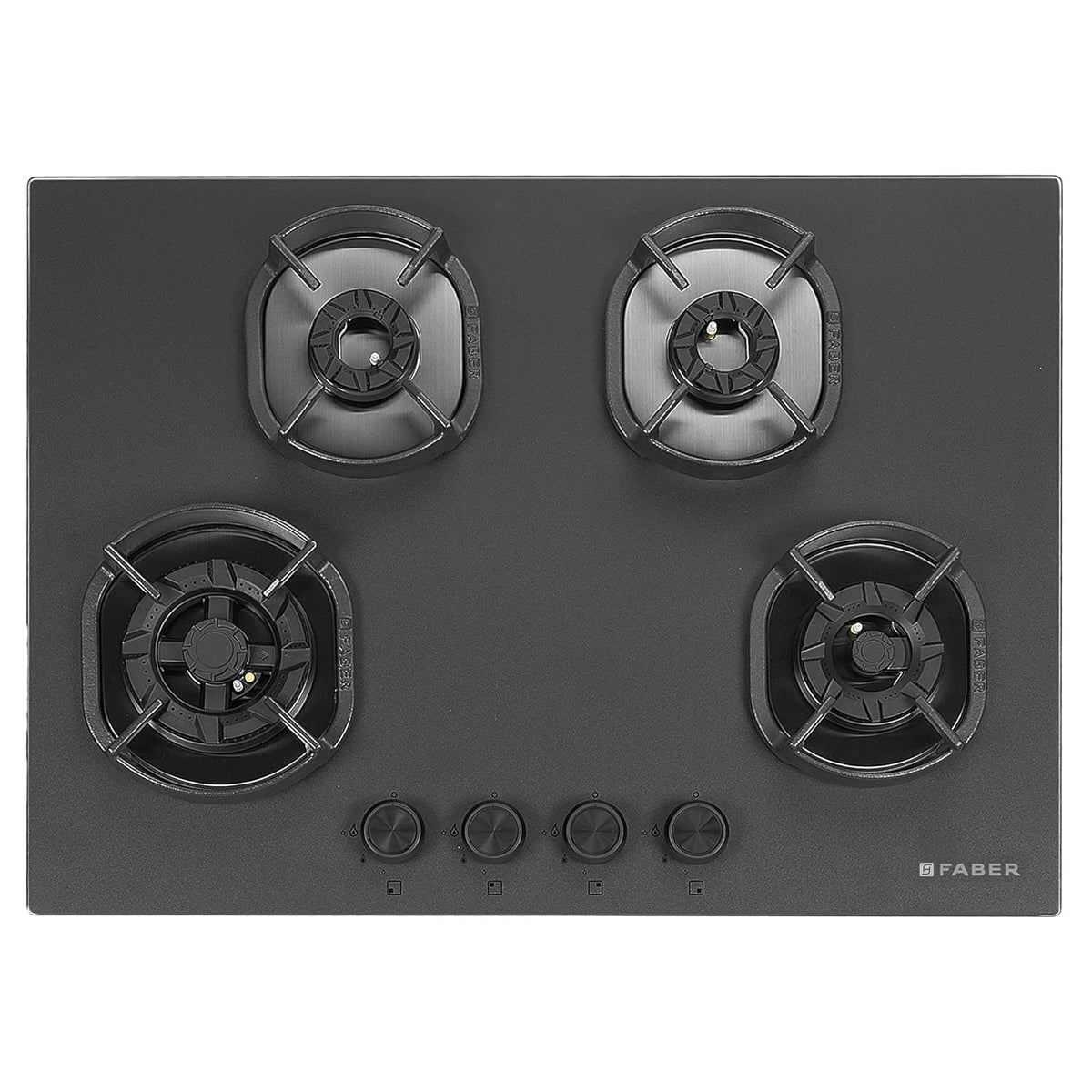 Faber Della 4 Burner 72cm Hob |Auto-Ignition|Brass Burner| Cast Iron Pan Support |Hob/Cooktop Hybrid| Matt Black Glass F