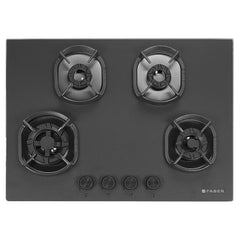 Faber Della 4 Burner 72cm Hob |Auto-Ignition|Brass Burner| Cast Iron Pan Support |Hob/Cooktop Hybrid| Matt Black Glass F