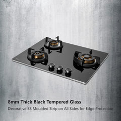 Kaff Bellini BLH 603 Built-in Hobs 3 Burners, Auto Electric Ignition Glass Top, 60 CM, Full Brass Burners, FFD (Flame Fa