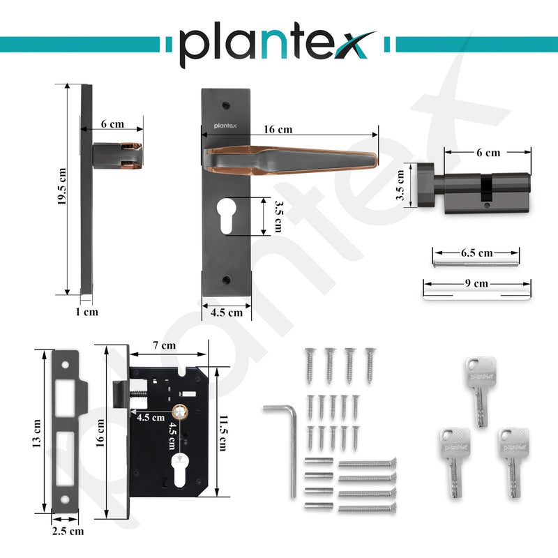 Plantex Heavy Duty Door Lock Set - Main Door Lock Handle Set/Mortise Locks with 3 Keys, Brass Body & Cylinder (8064 - Grey & PVD Choco)-3