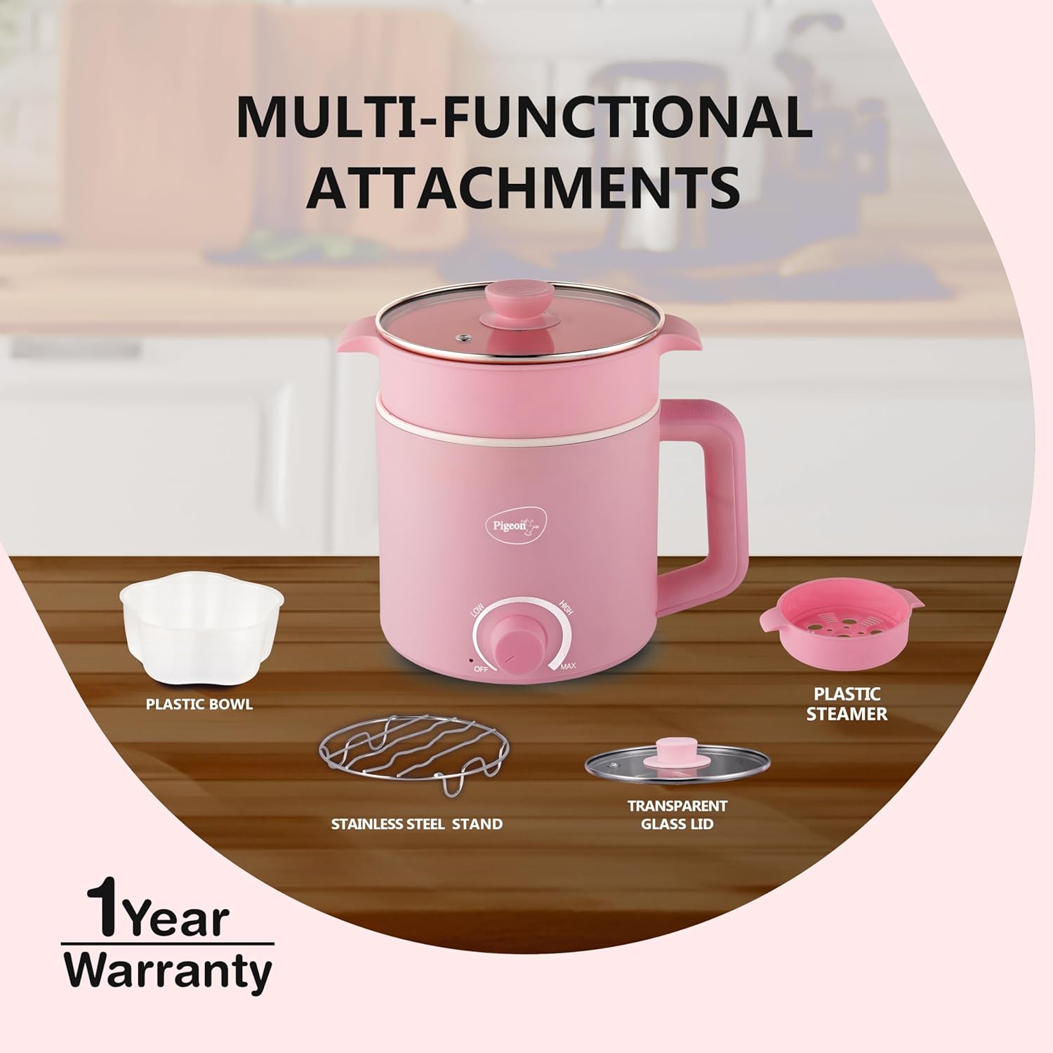 Pigeon By Stovekraft Swift Plus Multi-Cook Kettle 1.5L, With Steamer, Egg Rack - Pink | Black | Double Layered | Food Grade Stainless Steel Inner Wall | Glass Lid | Auto Shut-Off, 600 Watts