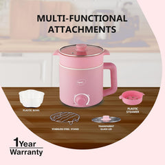 Pigeon By Stovekraft Swift Plus Multi-Cook Kettle 1.5L, With Steamer, Egg Rack - Pink | Black | Double Layered | Food Grade Stainless Steel Inner Wall | Glass Lid | Auto Shut-Off, 600 Watts