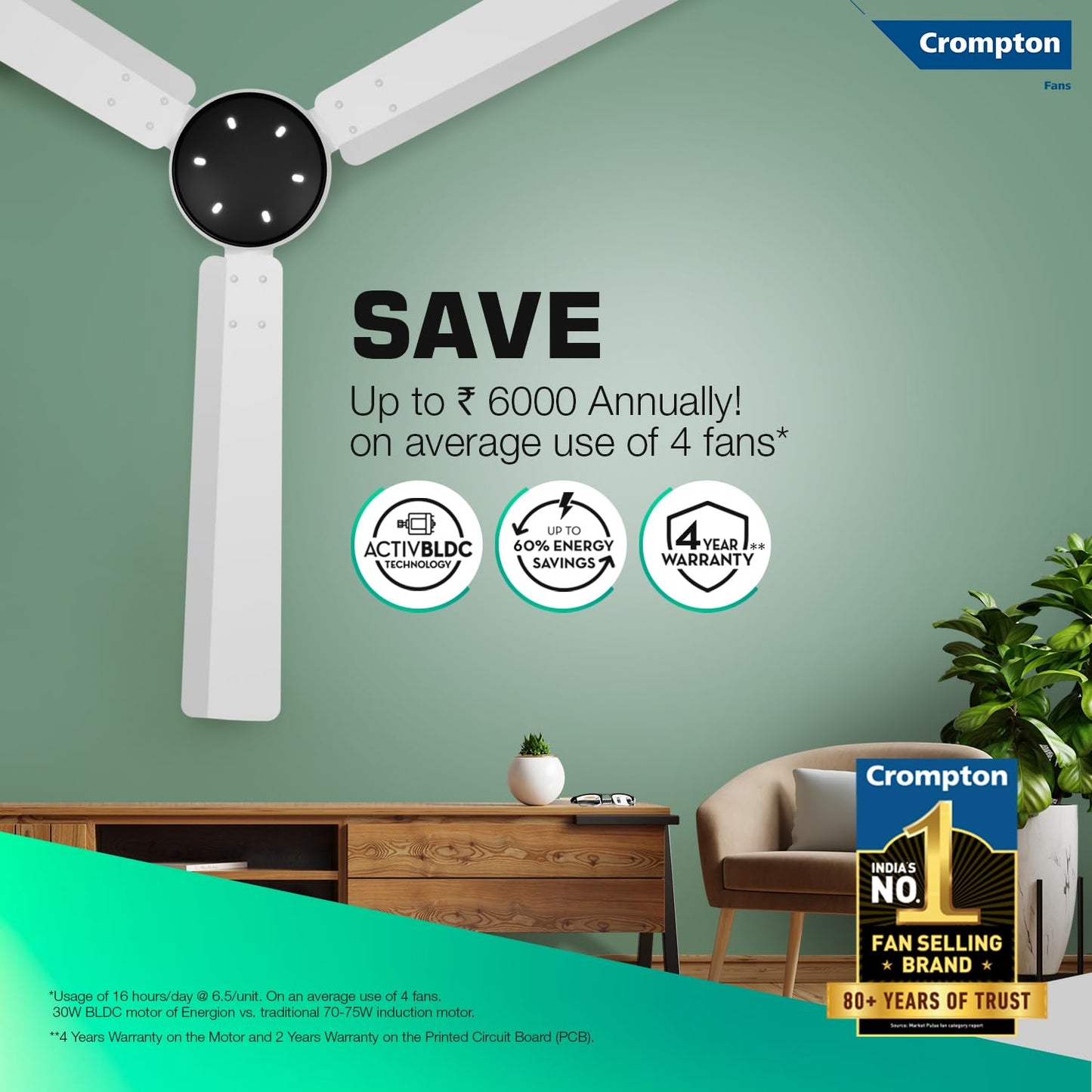Crompton Energion Niteo 1200 mm BLDC Ceiling Fan | Warm Ambient LED Indicators | Remote Control | BEE 5 Star Energy Rating | Superior Air Delivery | 4 Year Manufacturer Warranty | Silver White