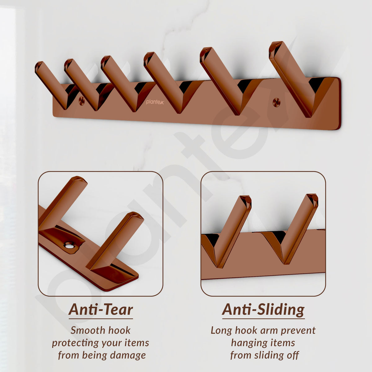 Plantex Wall Hooks for Hanging Cloth/Stainless Steel Towel Hangers/Bathroom Robe Hooks/Door Hangers/Square Wall Hook/Hook Rail for Hanging Keys - 6 Hooks (Pack of 3, PVD Rose Gold)-5