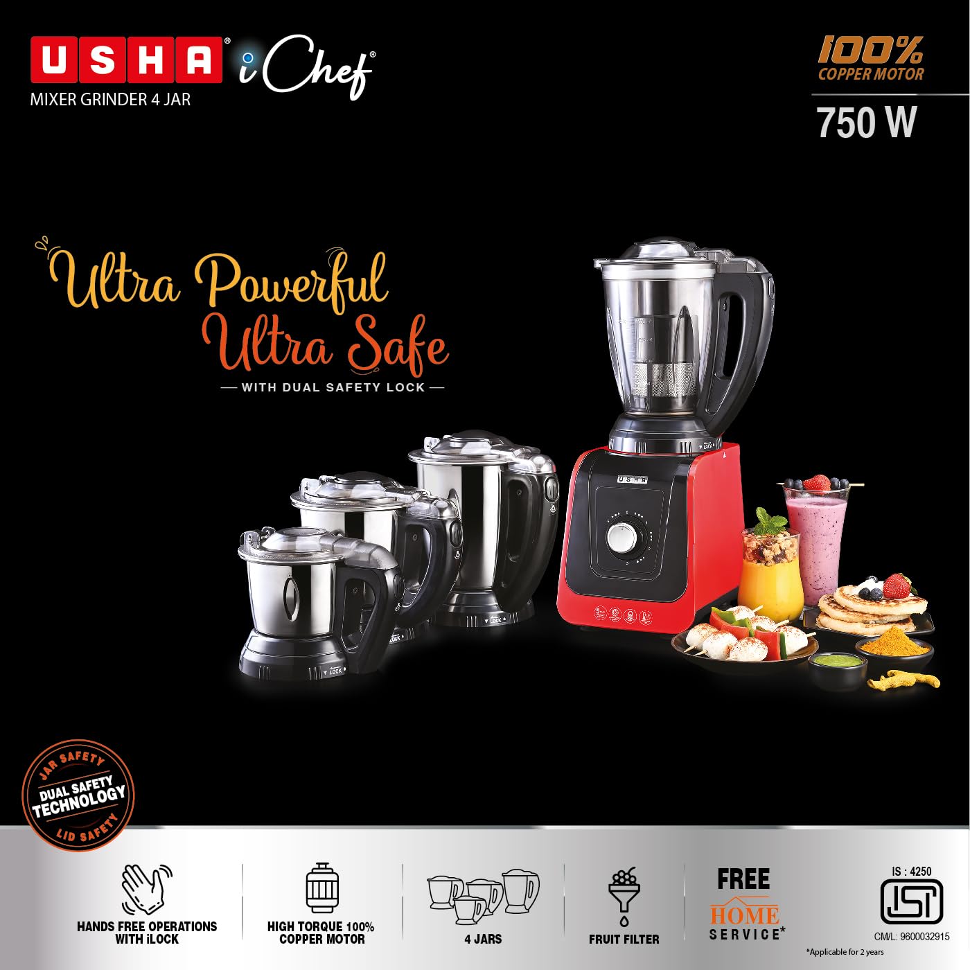 USHA ICHEF 750 Watt Copper Motor Mixer Grinder with 3 SS Jars & Translucent blender PC Jar with fruit filter| Hands Free operation with Dual Safety Lock| 2 Yr Product & 5 Yrs Motor Warranty(Red/Black)