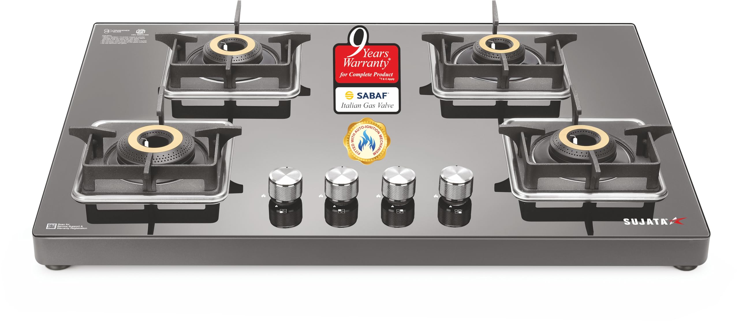 Sujata Hob Gas Stove 4 Burners Glass Top | 5 Years Warranty | 4 Burner Gas Stove Glass Top Auto Ignition, CookTop cum Hob Top, LPG & PNG Compatible, Brass Burner (Indium Auto Ignition - Black)