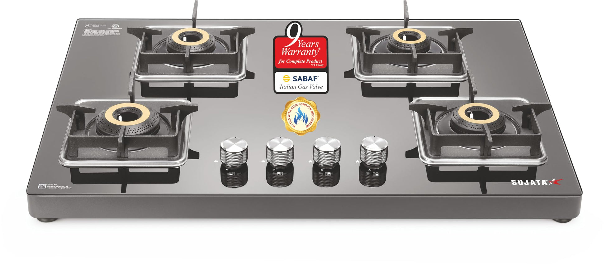 Sujata Gas Stove 4 Burners | 5 Years Warranty | 4 Burner Gas Stove Stainless Steel Auto Ignition, CookTop cum Hob Top, LPG Ready & PNG Compatible, Brass Burner (Osmium - 4 Burner Auto Ignition)