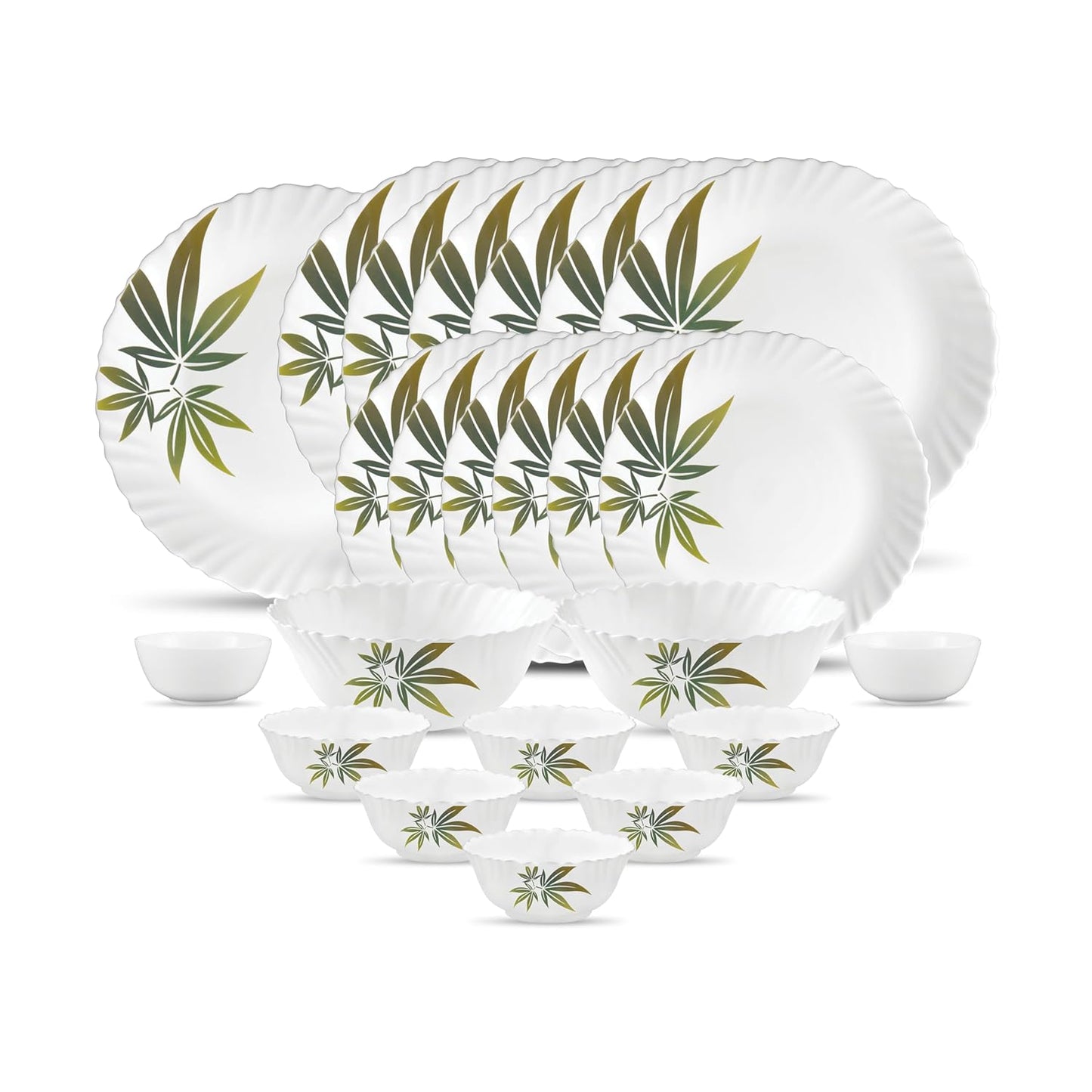 La Opala Novo Collection Opal Glass Crockery | for Family of 6 | Dinner Set 23 pcs Trinty Green | Plates & Bowls for Dining | Microwave Safe | 100% Vegetarian | Extra Strong | Light & White