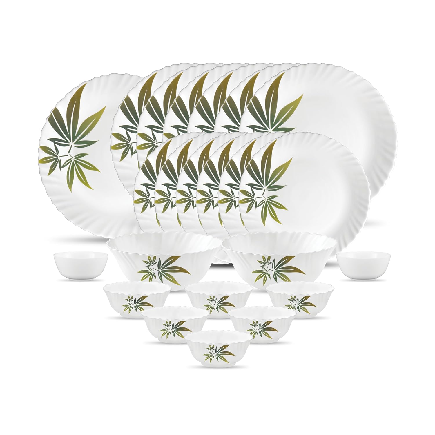 La Opala Novo Collection Opal Glass Crockery | for Family of 6 | Dinner Set 23 pcs Trinty Green | Plates & Bowls for Dining | Microwave Safe | 100% Vegetarian | Extra Strong | Light & White