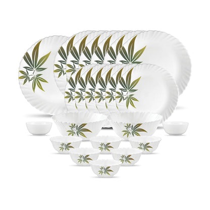 La Opala Novo Collection Opal Glass Crockery | for Family of 6 | Dinner Set 23 pcs Trinty Green | Plates & Bowls for Dining | Microwave Safe | 100% Vegetarian | Extra Strong | Light & White