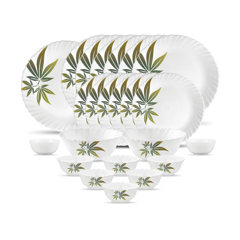 La Opala Novo Collection Opal Glass Crockery | for Family of 6 | Dinner Set 23 pcs Lush Greens | Plates & Bowls for Dining | Microwave Safe | 100% Vegetarian | Extra Strong | Light & White